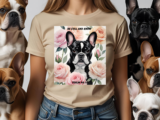 French Bulldog Watercolor Roses T-Shirt & Mug – "Be Still and Know" – Psalm 46:10 Christian Dog Lover Gift