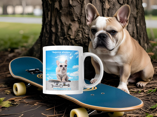 French Bulldog Skateboard Mug – "Rejoice Always, Roll With It" – Philippians 4:4 Christian Dog Lover Mug
