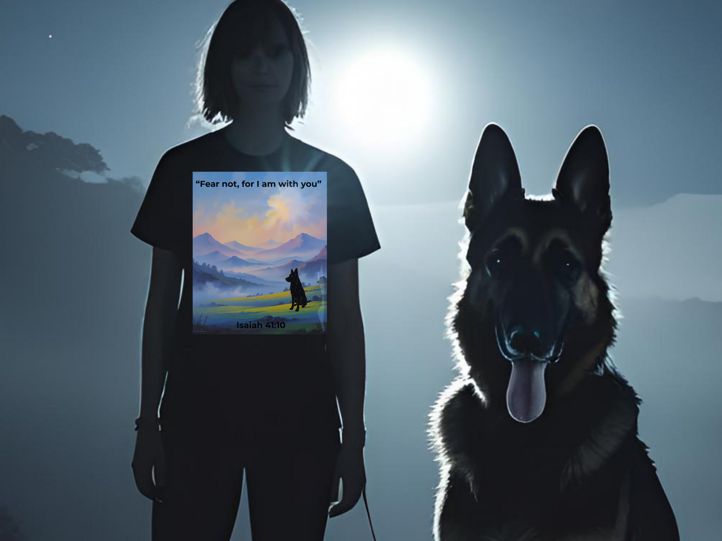 German Shepherd Silhouette Meadow T-Shirt – "Be Still and Know" – Isaiah 41:10 Christian Dog Lover Shirt