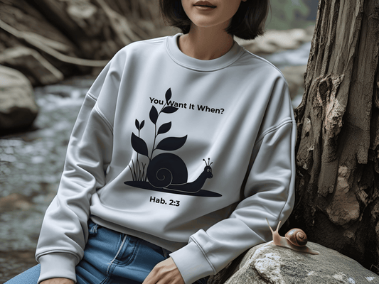 Funny Christian Sweatshirt – Snail ‘You Want It When?’ with Habakkuk 2:3 | Faith Humor on God’s Timing