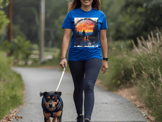 Retro Sunrise T-Shirt – Joshua 1:9 “Be Strong and Courageous” Christian Shirt with Woman and Dog Silhouette