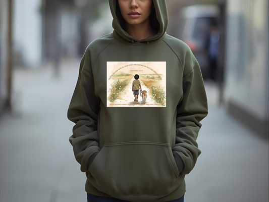 Proverbs 3:5–6 Christian Hoodie – Trust in the Lord | Dog and Child Walking Path Hooded Sweatshirt