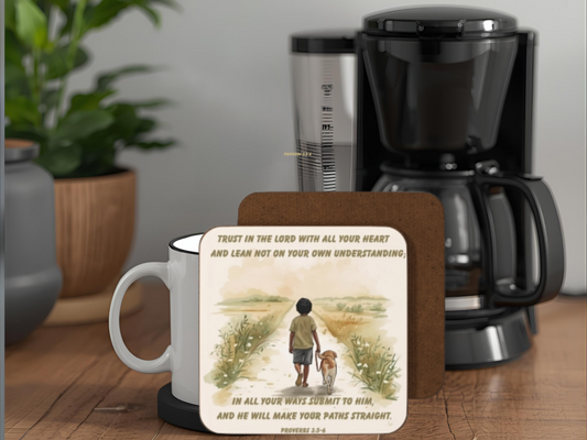 Proverbs 3:5–6 Bible Verse Coaster – Trust in the Lord | Child and Dog Walking Path Design