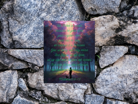 Lord’s Prayer Wall Poster – Woman & Dog Silhouette on Forest Trail with Light Rays | Matthew 6:9-13 Scripture Art