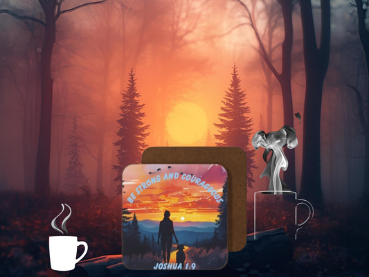 Joshua 1:9 Coaster – Be Strong and Courageous | Christian Mountain Sunrise Dog Walk Design