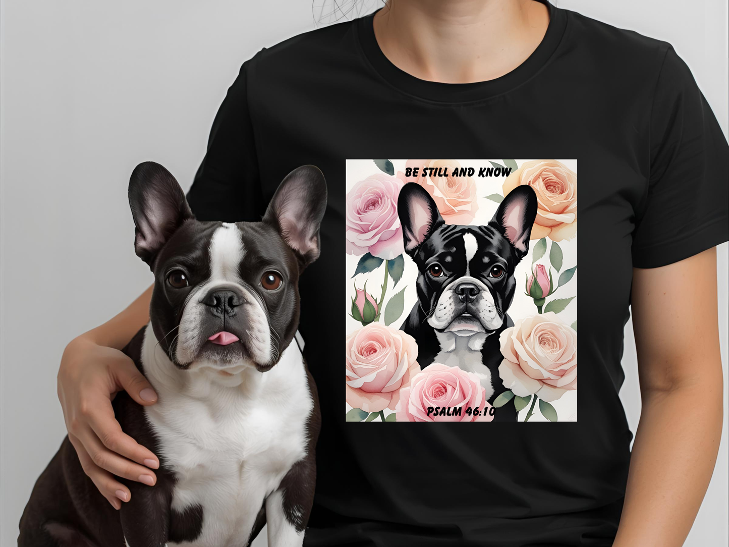 French Bulldog Watercolor Roses T-Shirt – "Be Still and Know" – Psalm 46:10 Christian Dog Lover Gift