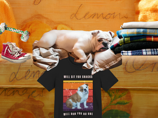 Retro Vintage English Bulldog T-Shirt – “Will Sit for Snacks, Will Run for No One” Funny Dog Lover Tee