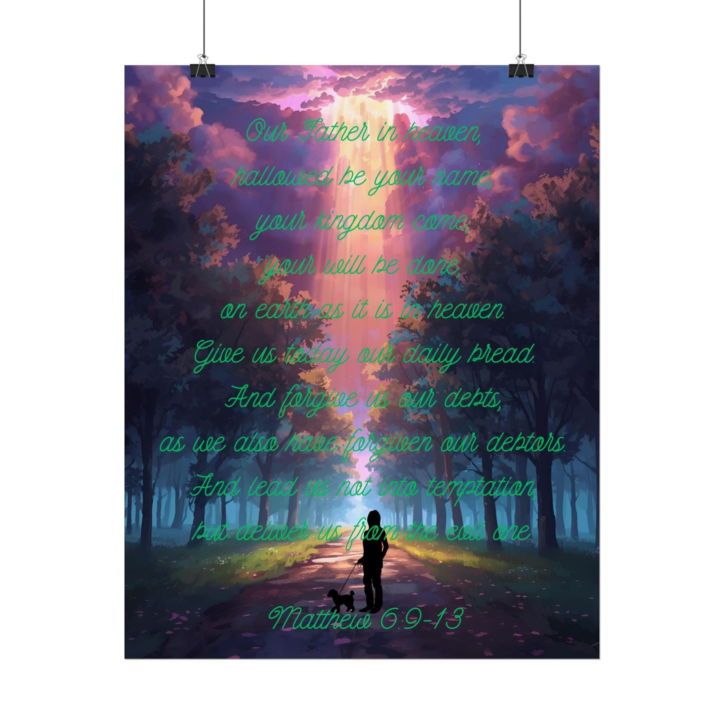 Lord’s Prayer Wall Poster – Woman & Dog Silhouette on Forest Trail with Light Rays | Matthew 6:9-13 Scripture Art