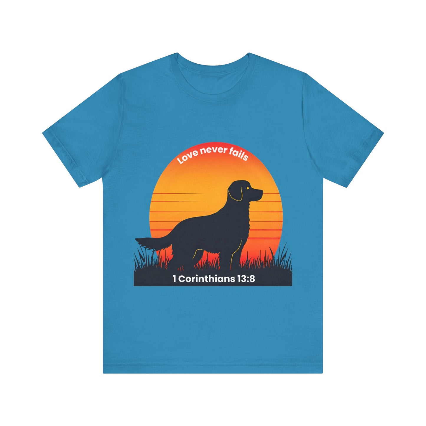 Love Never Fails – 1 Corinthians 13:8 Golden Retriever Sunrise Meadow T-Shirt