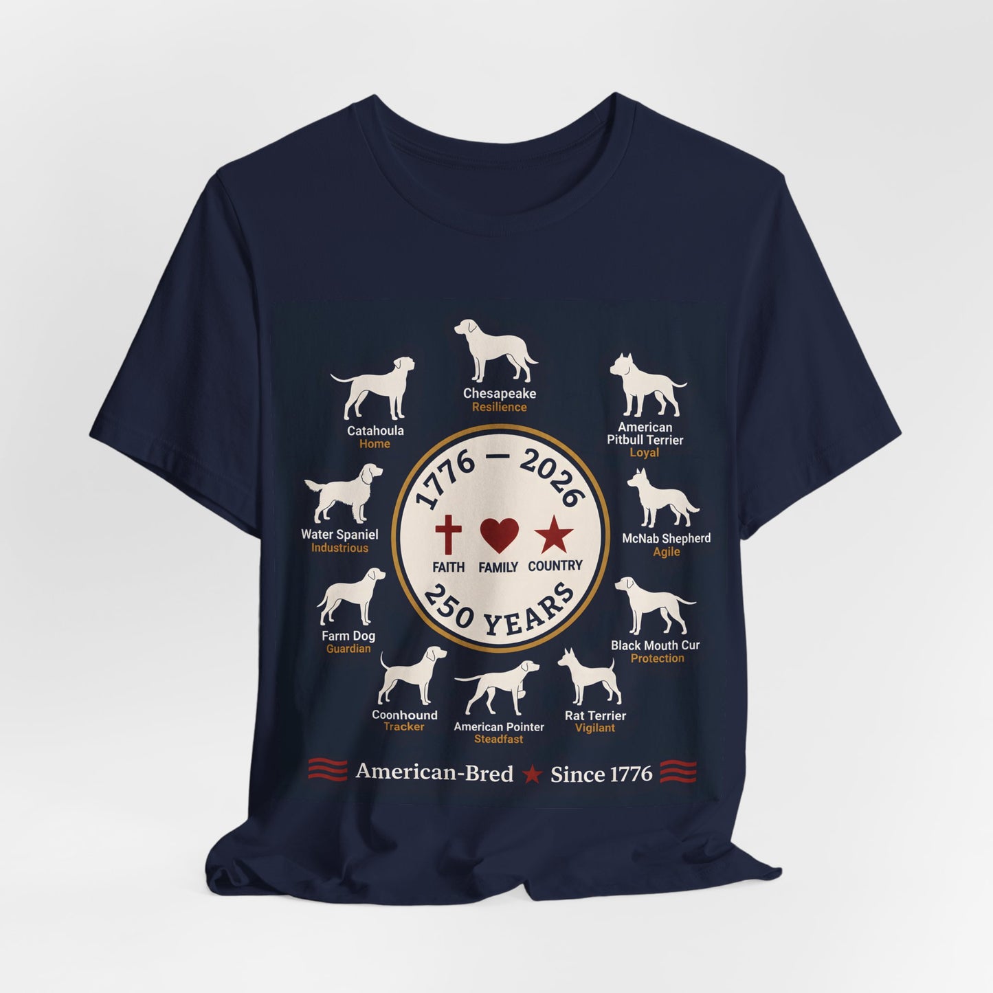 American-Bred Since 1776 Dog Breeds T-Shirt | USA 250th Anniversary Patriotic Tee