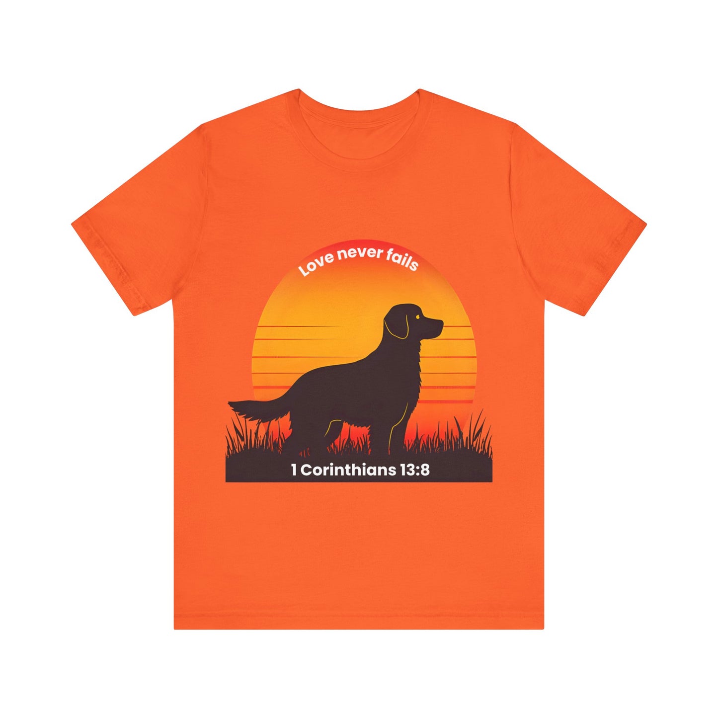 Love Never Fails – 1 Corinthians 13:8 Golden Retriever Sunrise Meadow T-Shirt