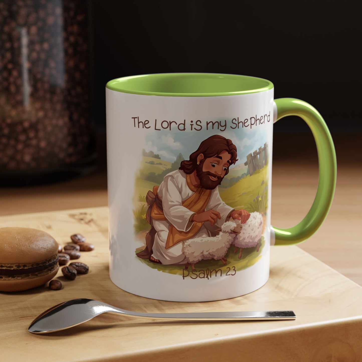 Mug - The Lord is my Shepherd Cartoon Art Design - Light Green/Blue Accent