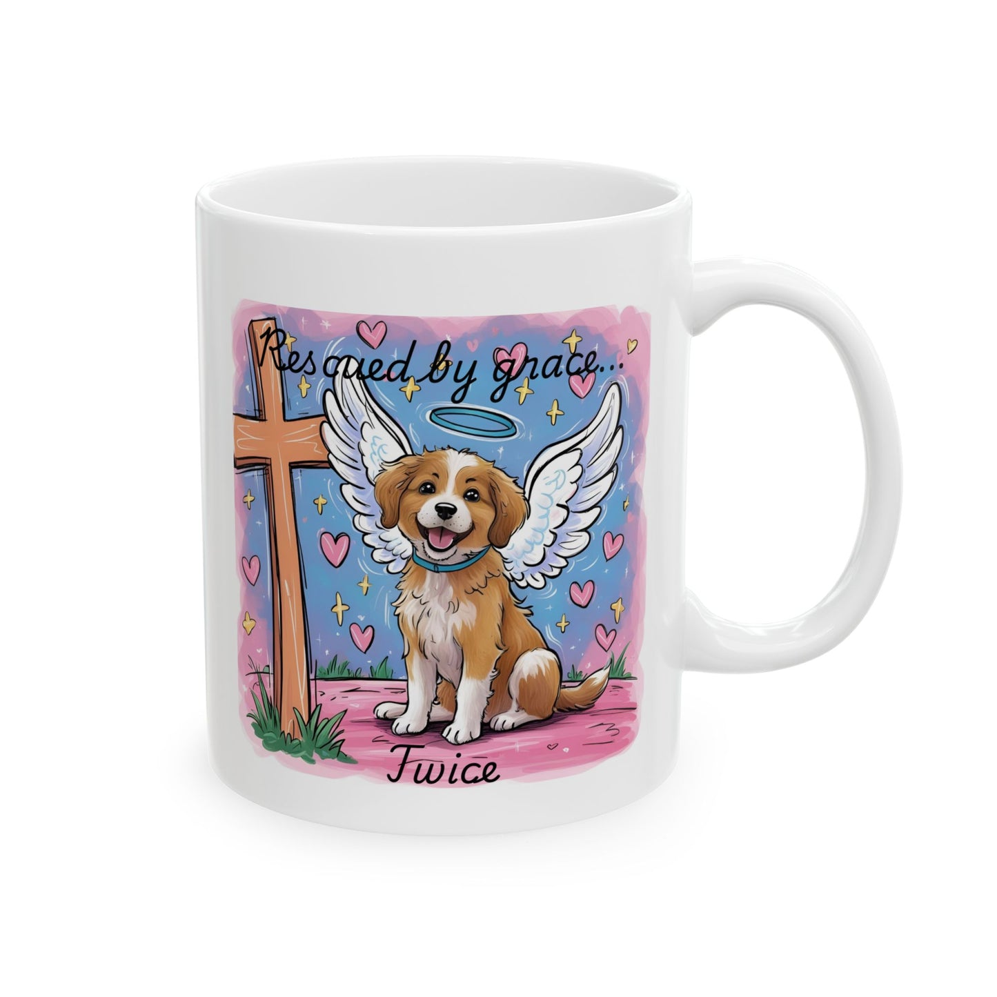 "Saved by Grace – Twice" Dog Angel Wings Faith Mug