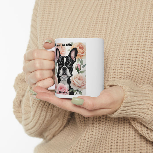 French Bulldog Chilling In Soft Pastel Colored Roses Mug – "Be Still And Know" – Psalm 46:10 Christian Dog Lover Mug