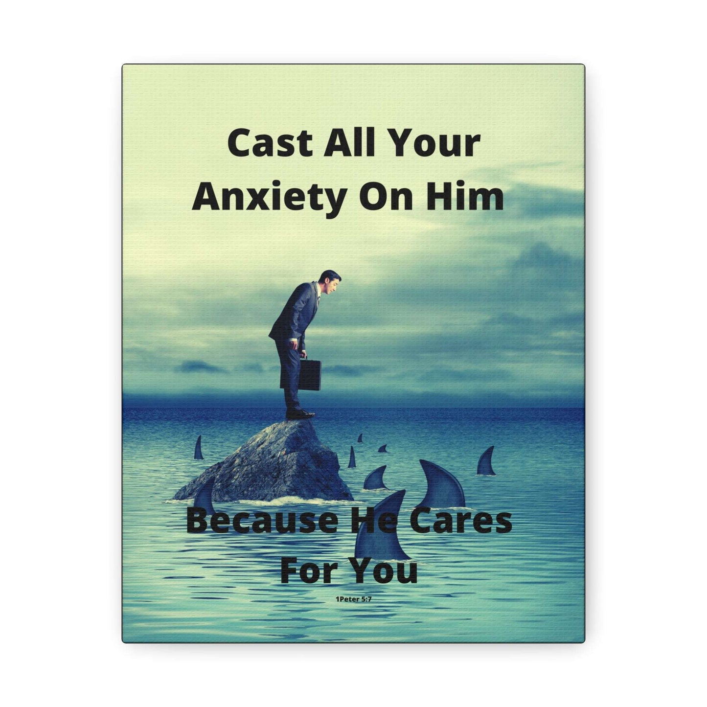 Man on Rock in Ocean with Sharks With Warm Tones - Inspirational Art Canvas Featuring Bible Verse for Anxiety Relief