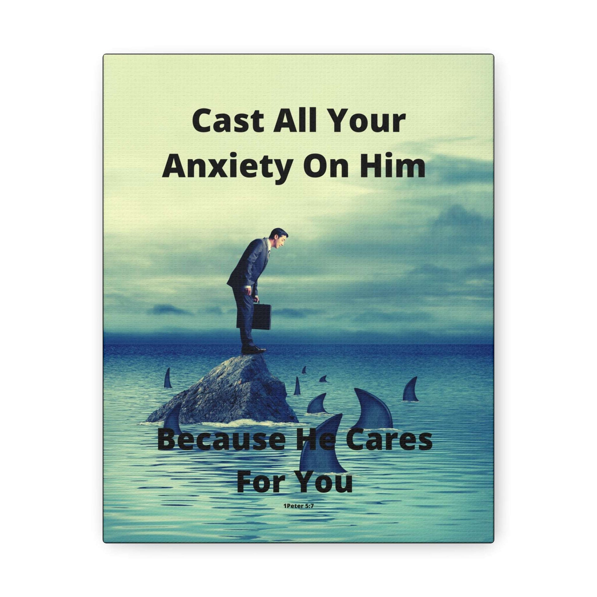 Man on Rock in Ocean with Sharks With Warm Tones - Inspirational Art Canvas Featuring Bible Verse for Anxiety Relief