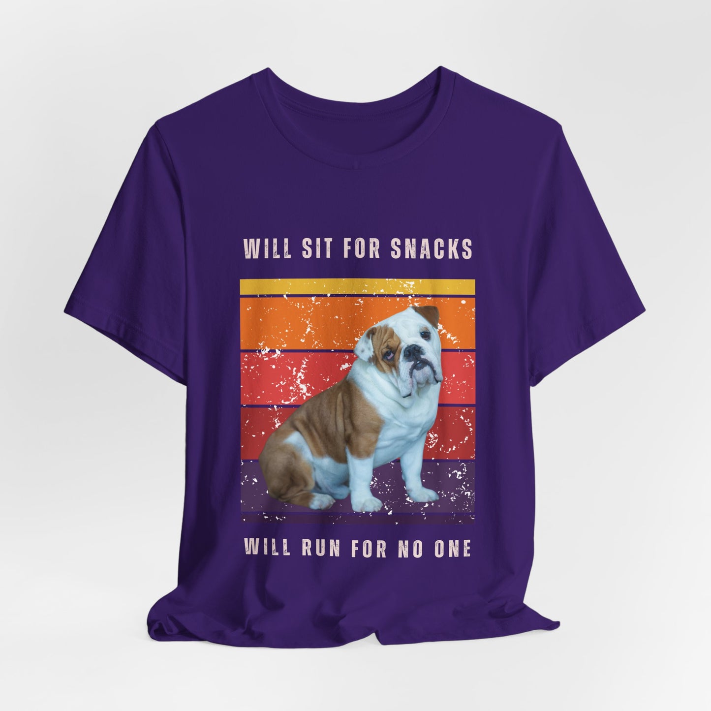 Retro Vintage English Bulldog T-Shirt – “Will Sit for Snacks, Will Run for No One” Funny Dog Lover Tee