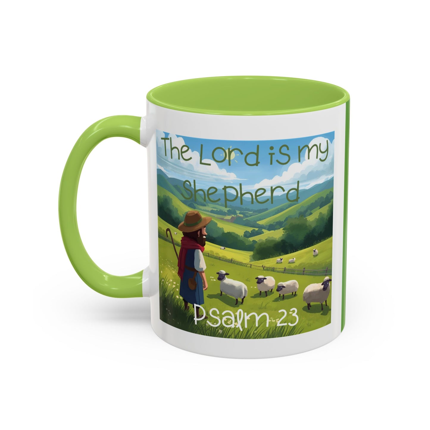 Mug with Psalm 23 Cartoon Style Design Shepherd Watching Over His Sheep in Pasture