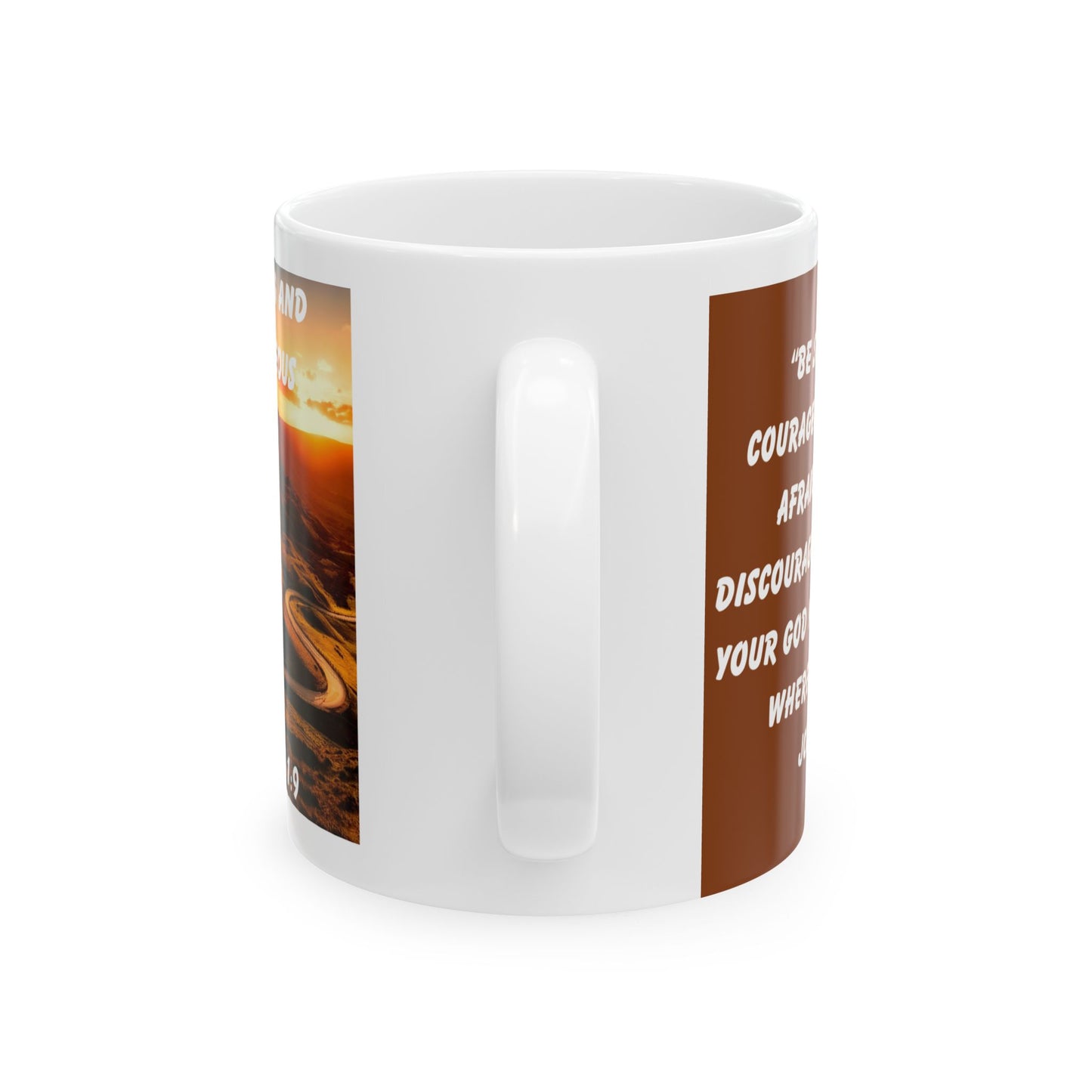 Joshua 1:9 Mug – Sunrise Winding Path Christian Coffee Cup with Woman and Dog Silhouette “Be Strong and Courageous”