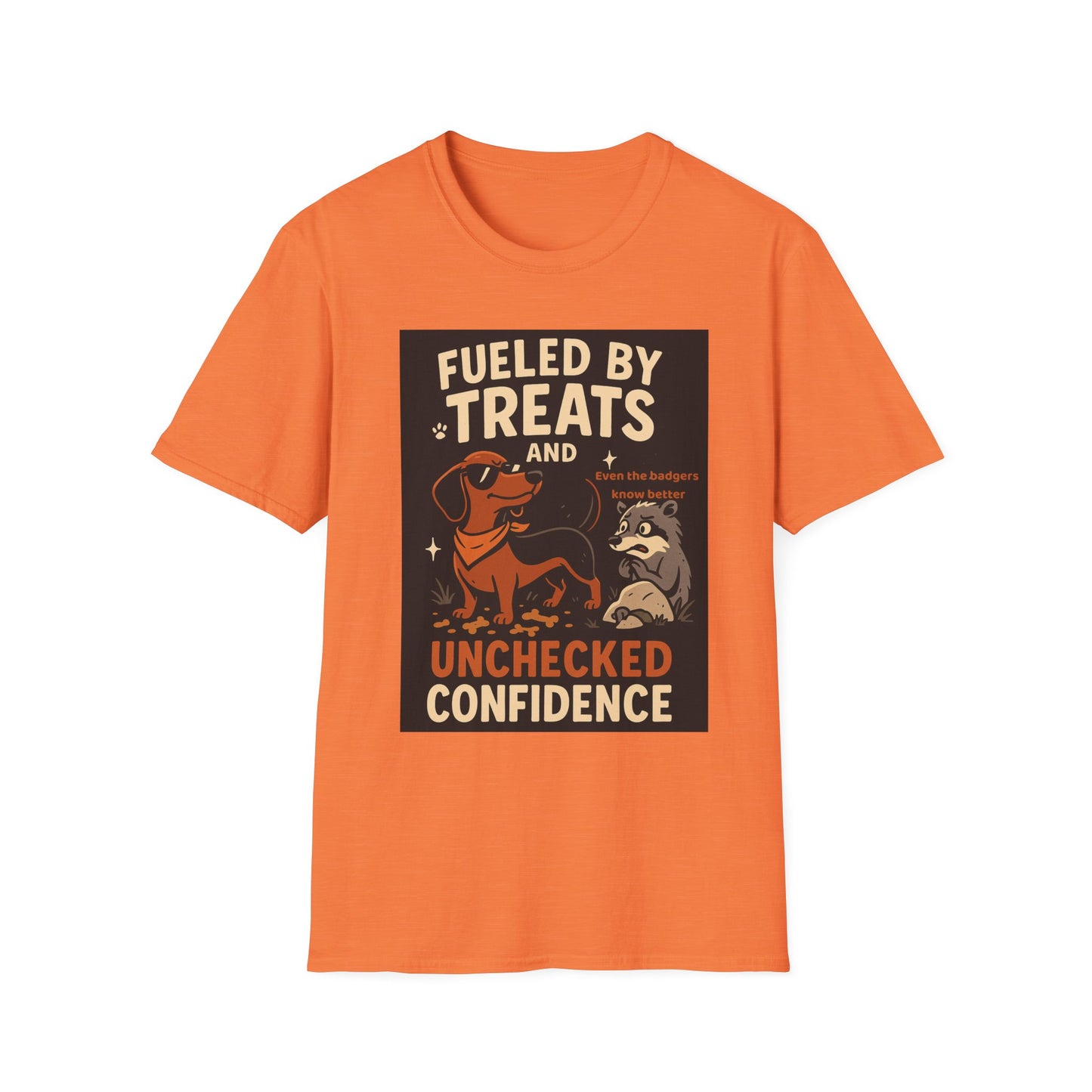 Funny Dachshund T-Shirt – "Fueled by Treats and Unchecked Confidence" with Badger Design