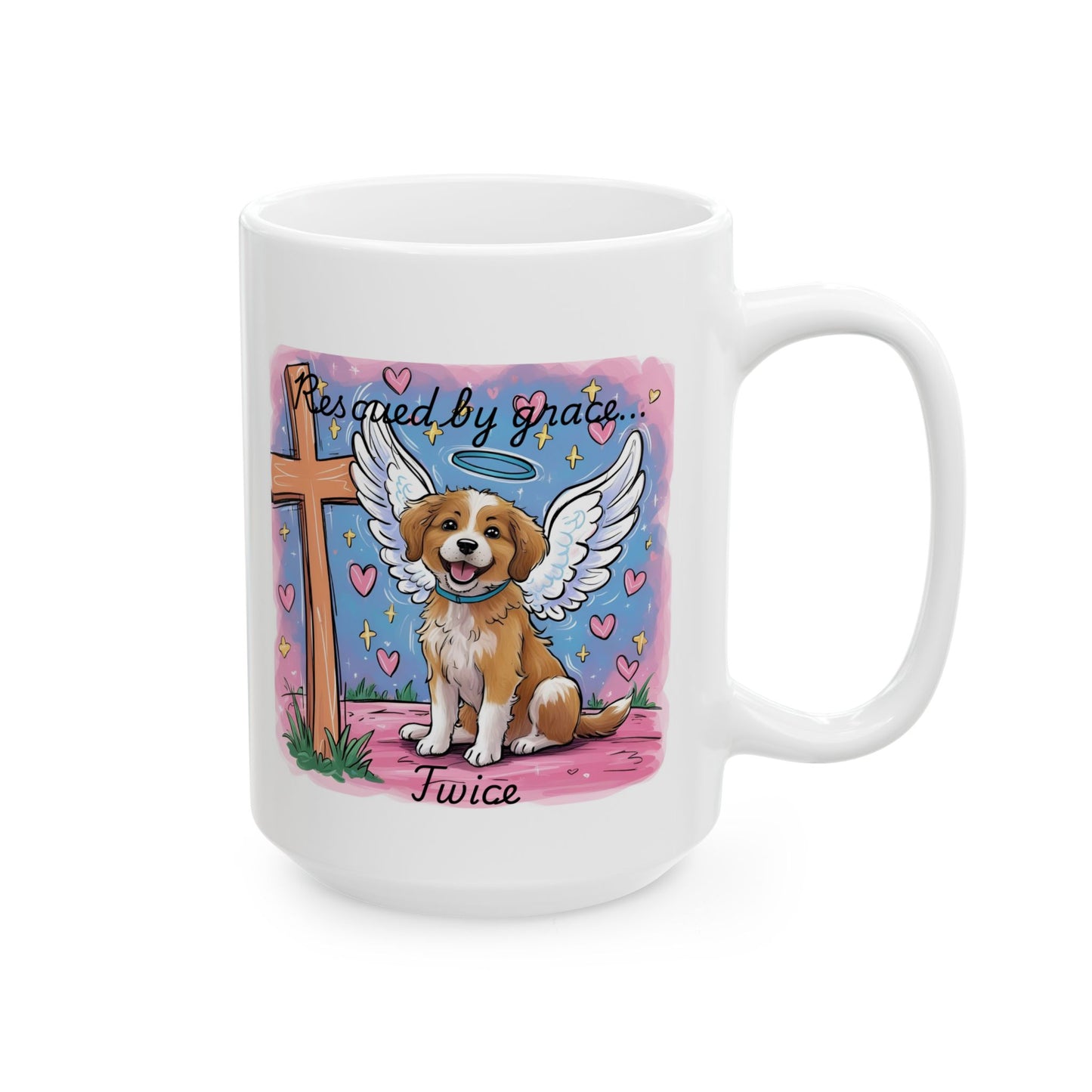 "Saved by Grace – Twice" Dog Angel Wings Faith Mug