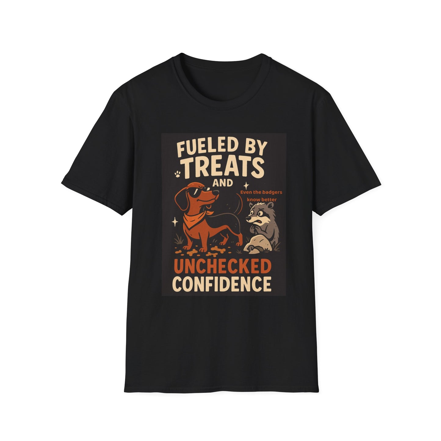 Funny Dachshund T-Shirt – "Fueled by Treats and Unchecked Confidence" with Badger Design