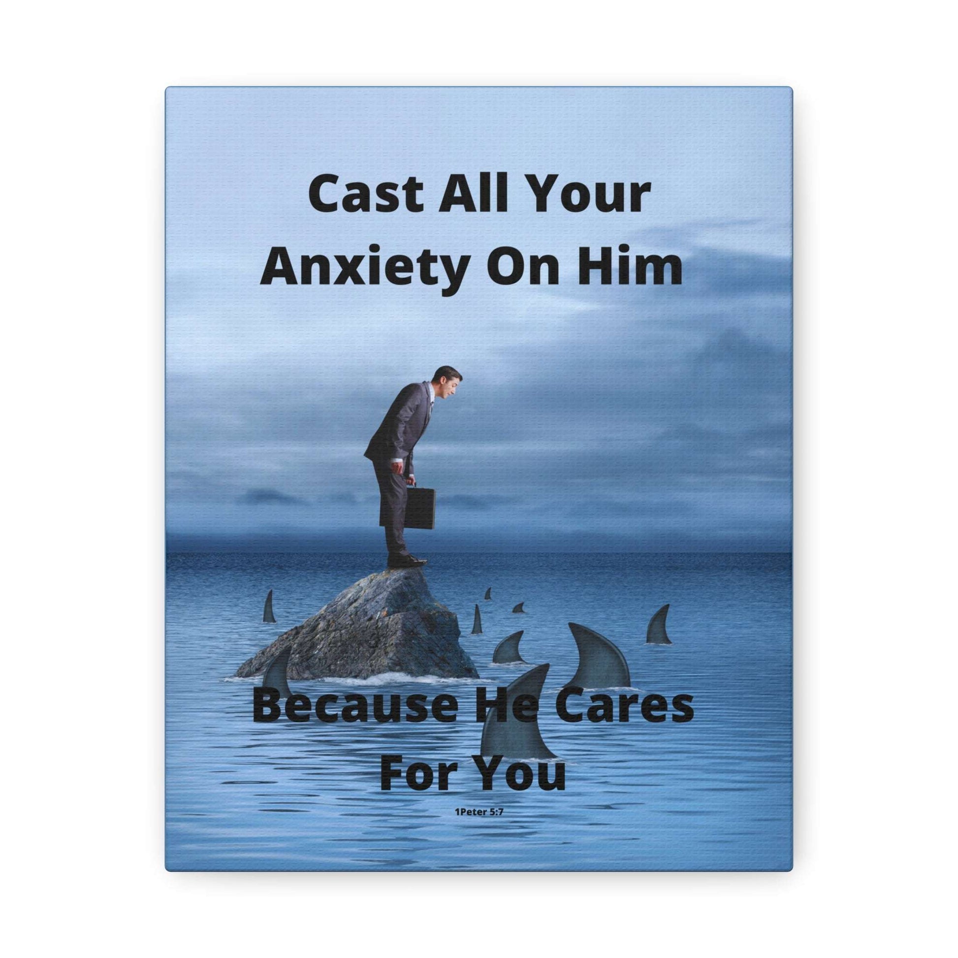 Man on Rock in Ocean with Sharks - Inspirational Art Canvas Featuring Bible Verse for Anxiety Relief