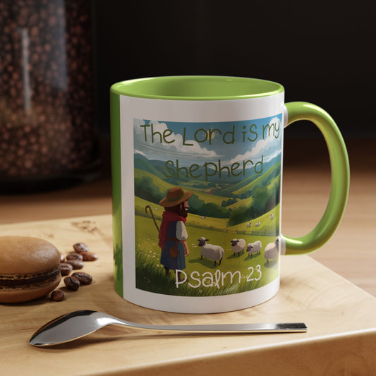 Mug with Psalm 23 Cartoon Style Design Shepherd Watching Over His Sheep in Pasture