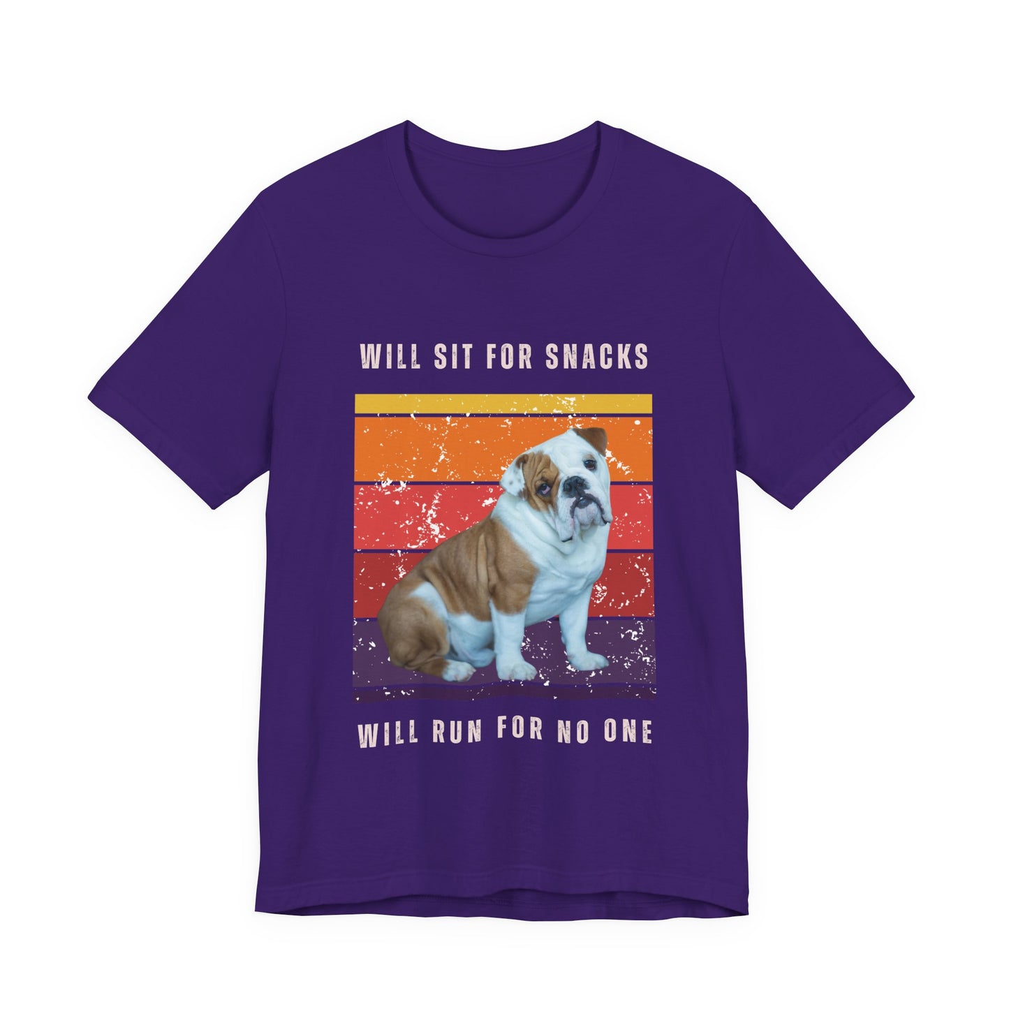 Retro Vintage English Bulldog T-Shirt – “Will Sit for Snacks, Will Run for No One” Funny Dog Lover Tee