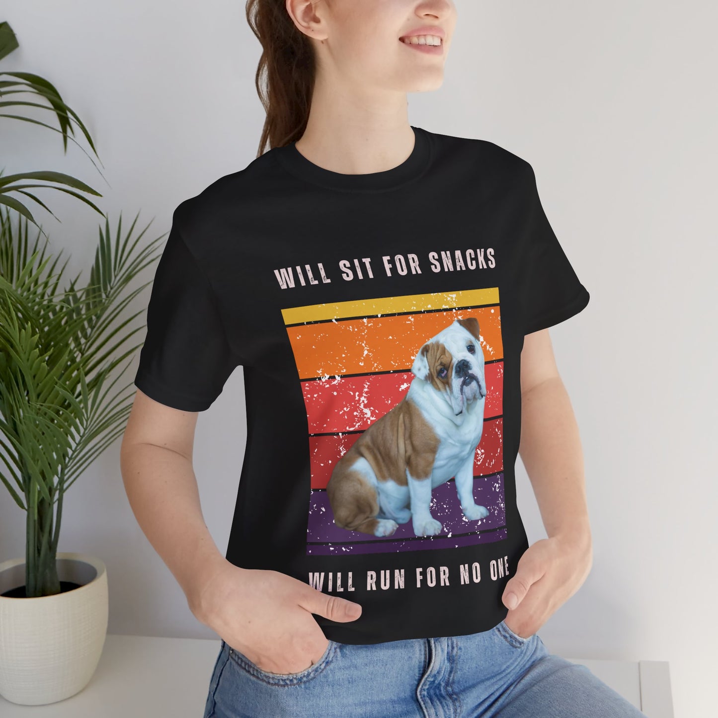 Retro Vintage English Bulldog T-Shirt – “Will Sit for Snacks, Will Run for No One” Funny Dog Lover Tee