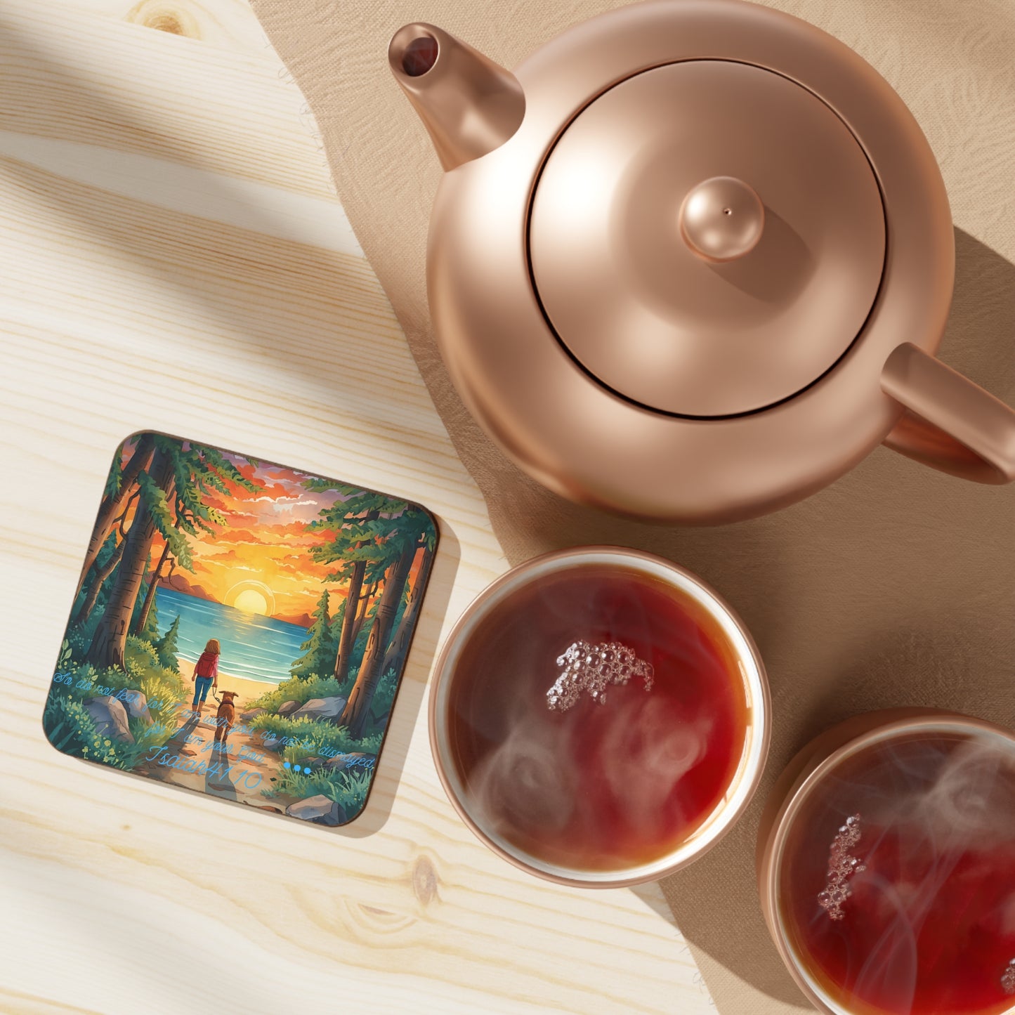 Christian Coaster with Person and Dog Walking Forest Path to Beach – Isaiah 41:10 Inspirational Bible Verse Drink Coaster