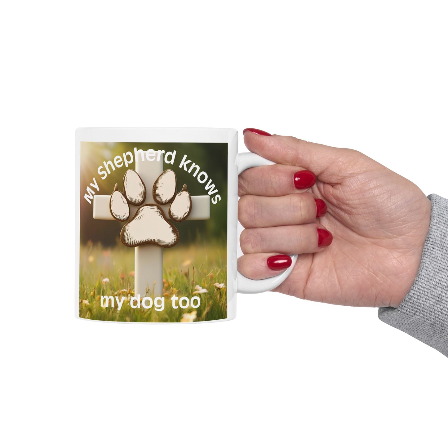 Christian Pet Lover Mug – "My Shepherd Knows My Dog Too" with Cross & Paw Design