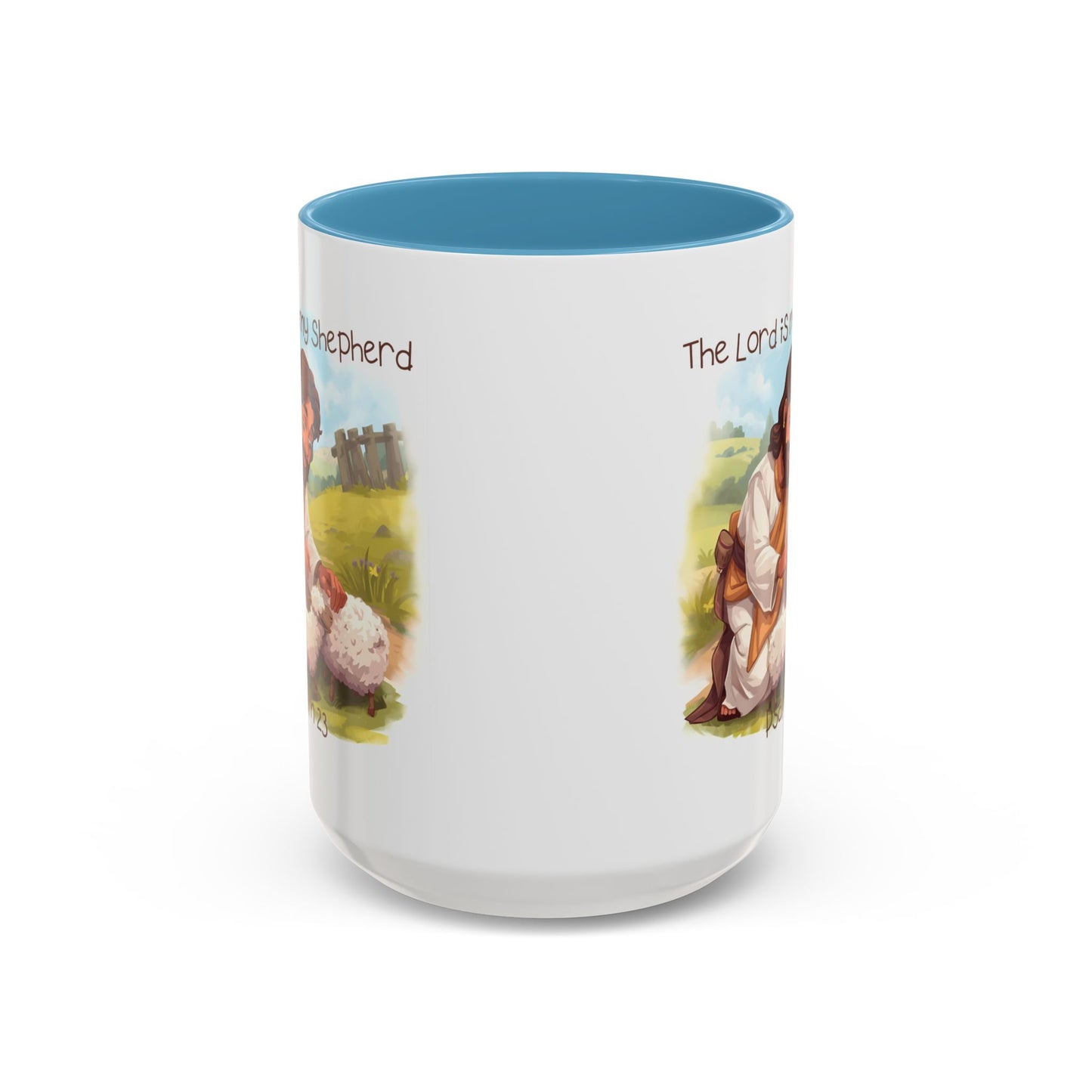 Mug - The Lord is my Shepherd Cartoon Art Design - Light Green/Blue Accent