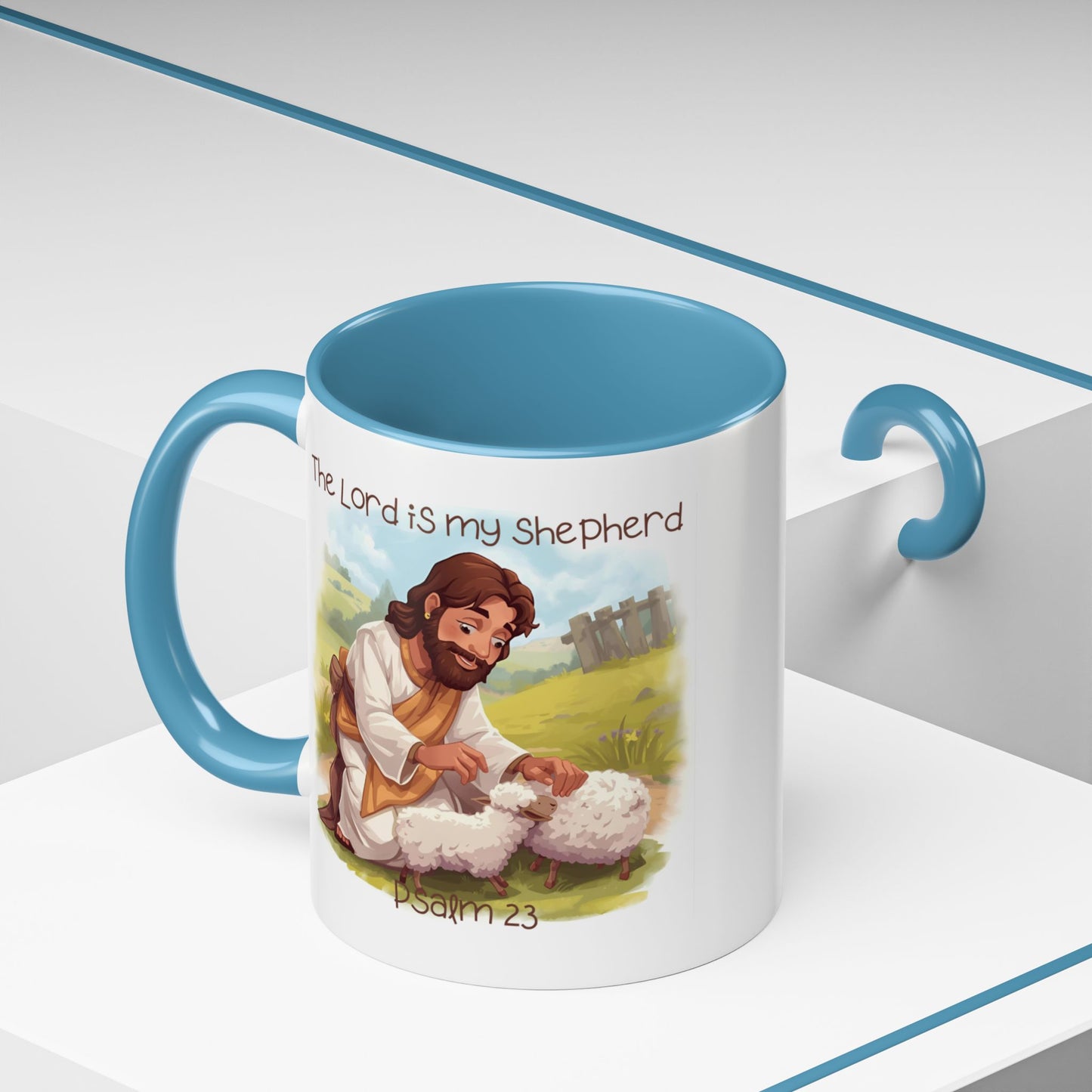 Mug - The Lord is my Shepherd Cartoon Art Design - Light Green/Blue Accent