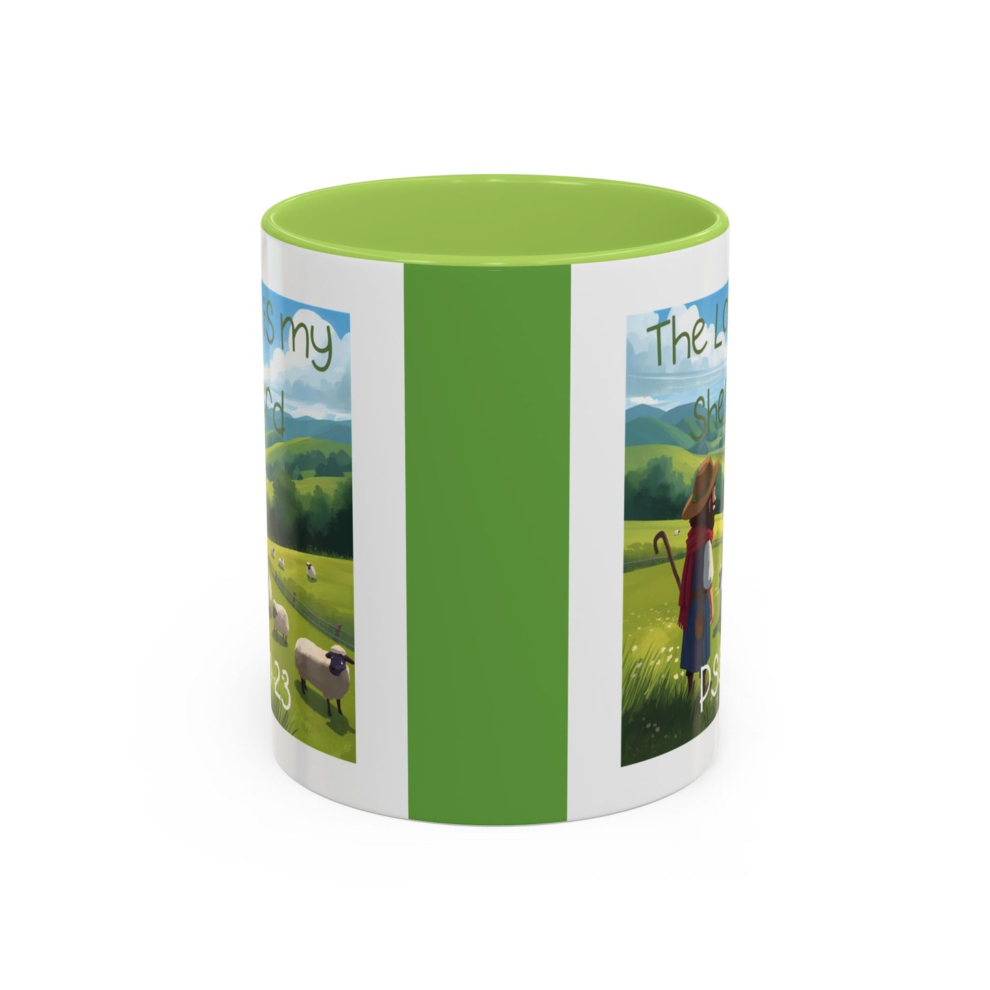 Mug with Psalm 23 Cartoon Style Design Shepherd Watching Over His Sheep in Pasture