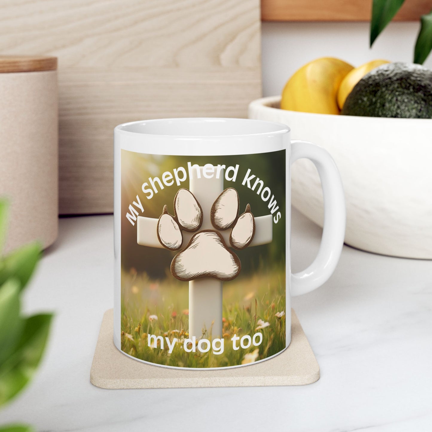 Christian Pet Lover Mug – "My Shepherd Knows My Dog Too" with Cross & Paw Design