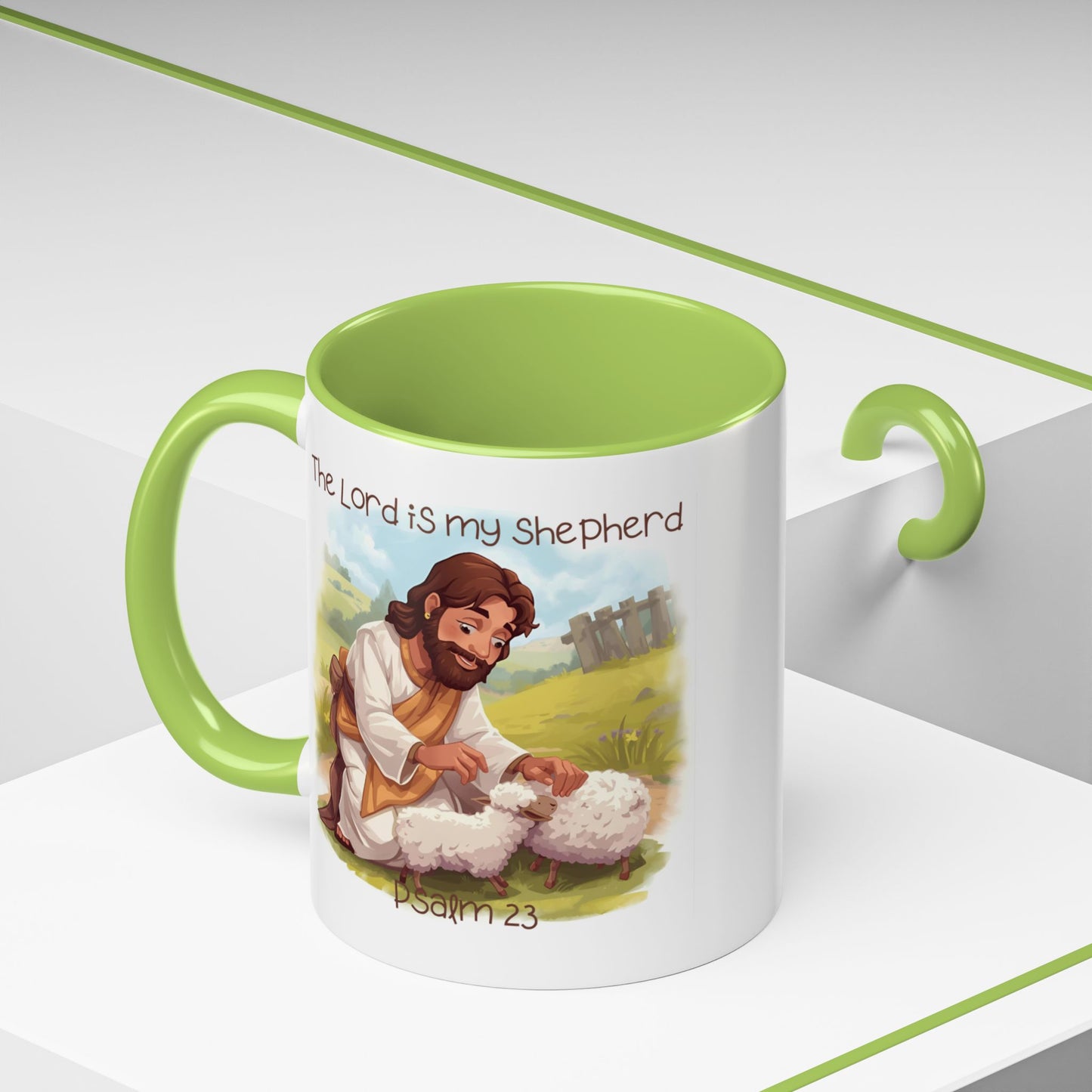 Mug - The Lord is my Shepherd Cartoon Art Design - Light Green/Blue Accent