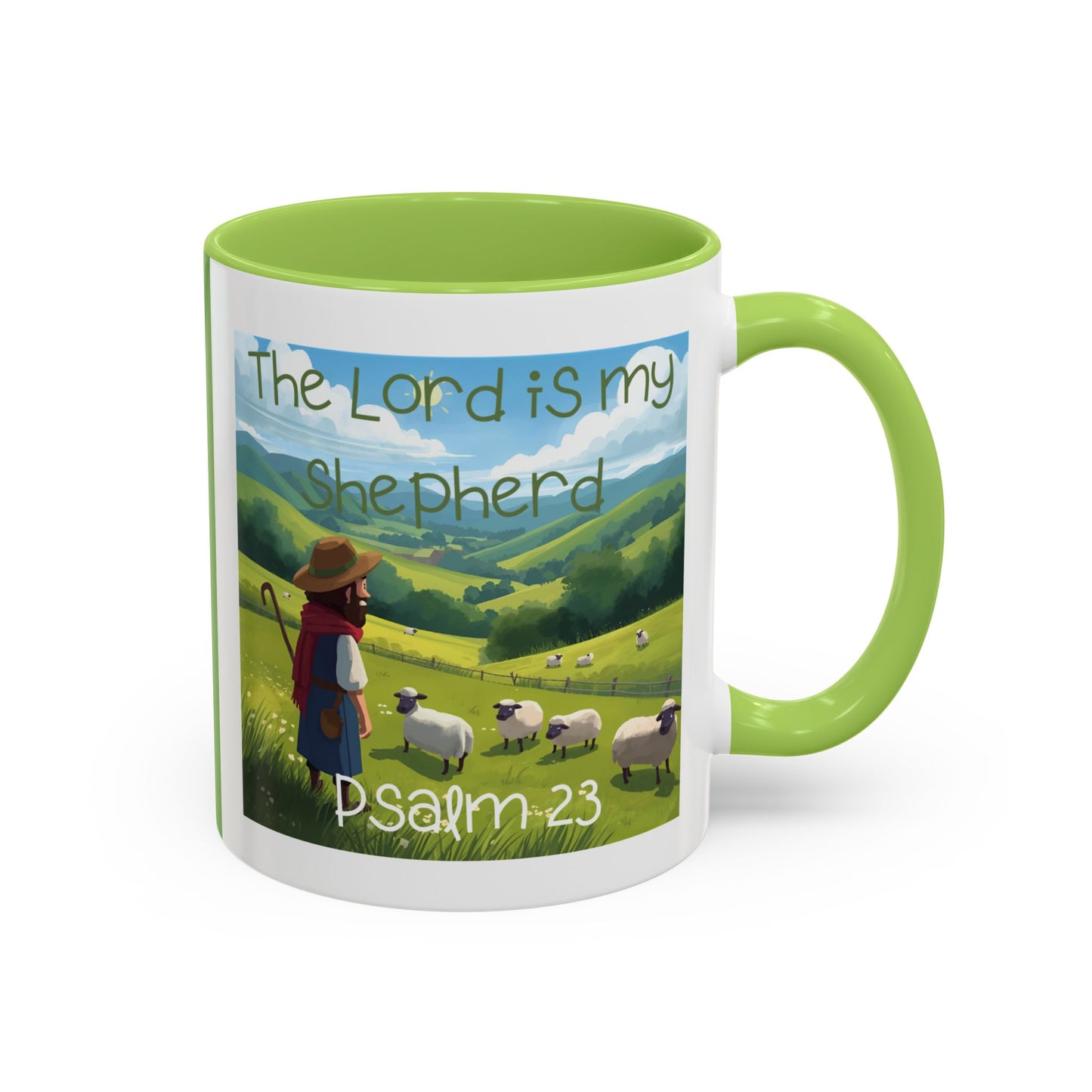 Mug with Psalm 23 Cartoon Style Design Shepherd Watching Over His Sheep in Pasture