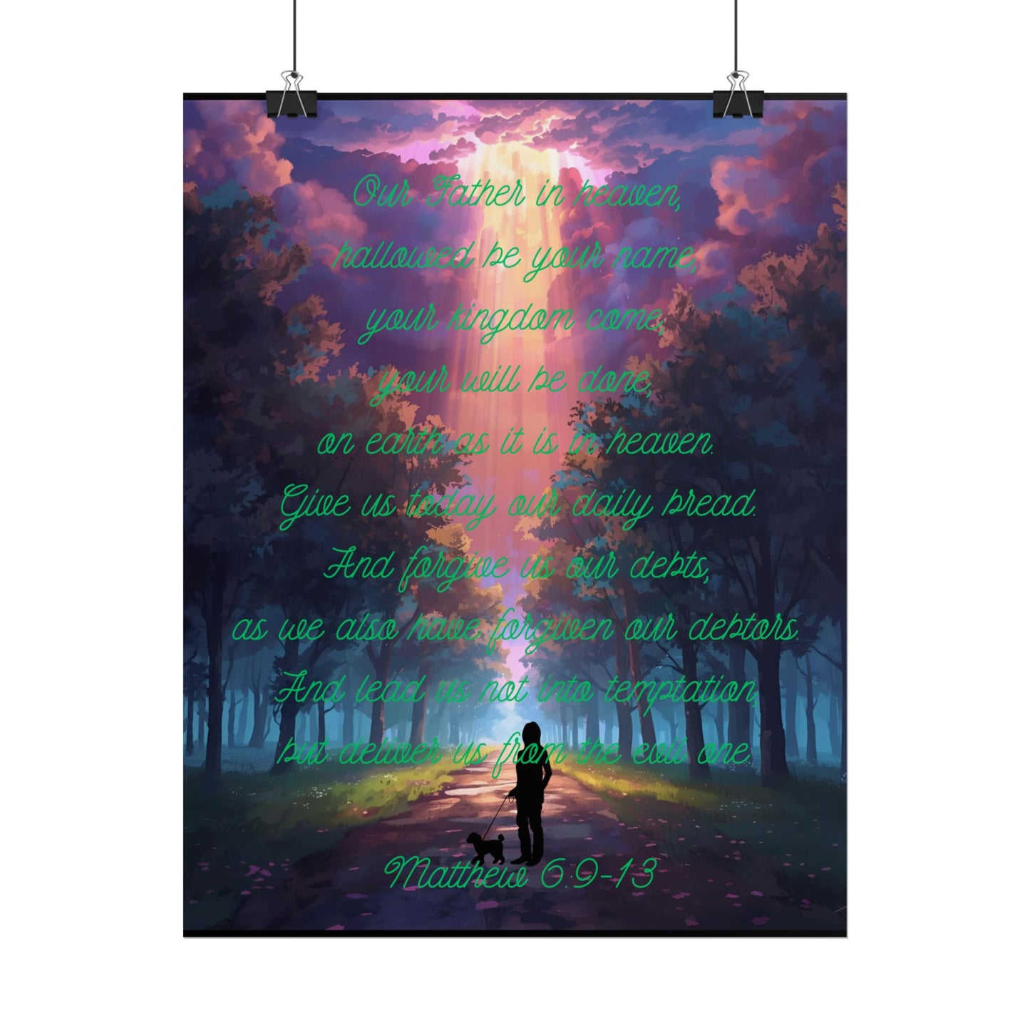 Lord’s Prayer Wall Poster – Woman & Dog Silhouette on Forest Trail with Light Rays | Matthew 6:9-13 Scripture Art