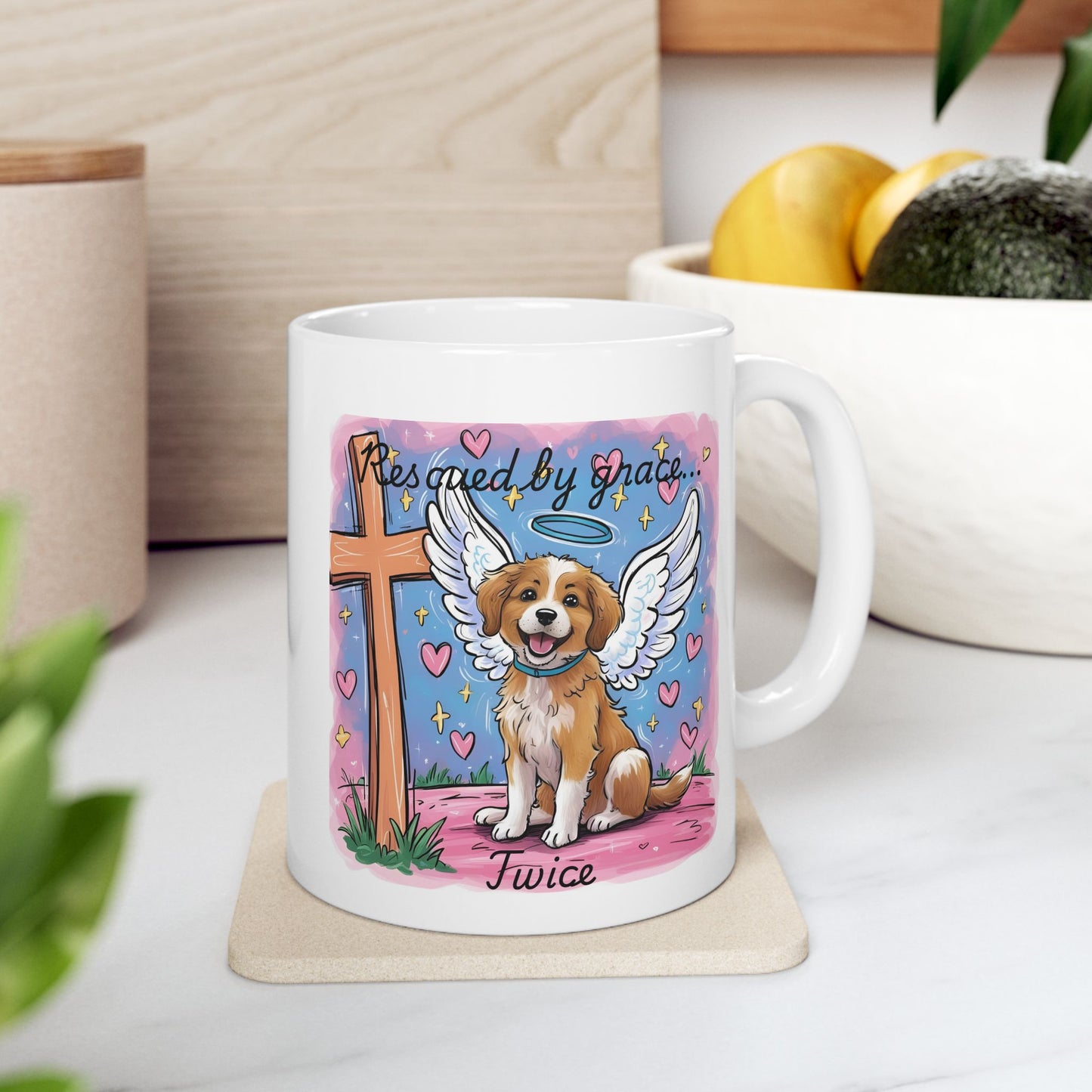 "Saved by Grace – Twice" Dog Angel Wings Faith Mug