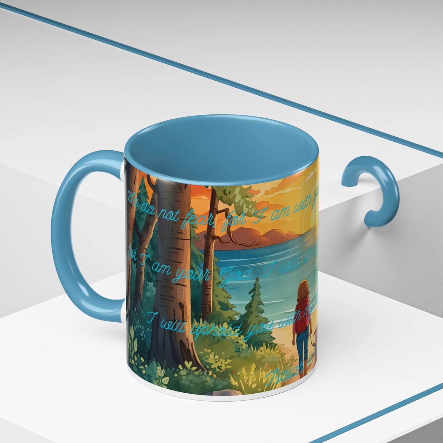 Mug - Woman and Dog Walking Towards Light with Isaiah 41:10 Verse