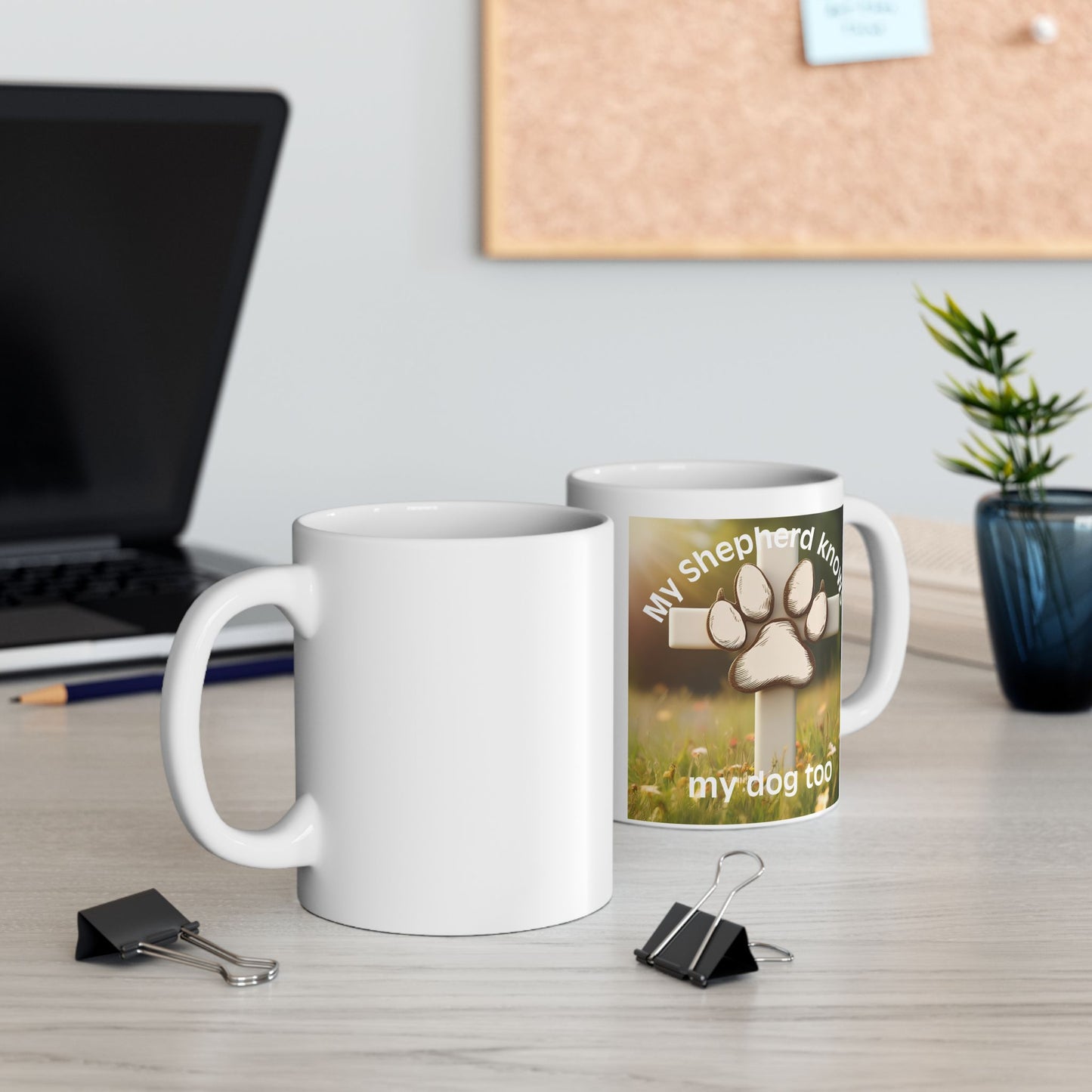 Christian Pet Lover Mug – "My Shepherd Knows My Dog Too" with Cross & Paw Design