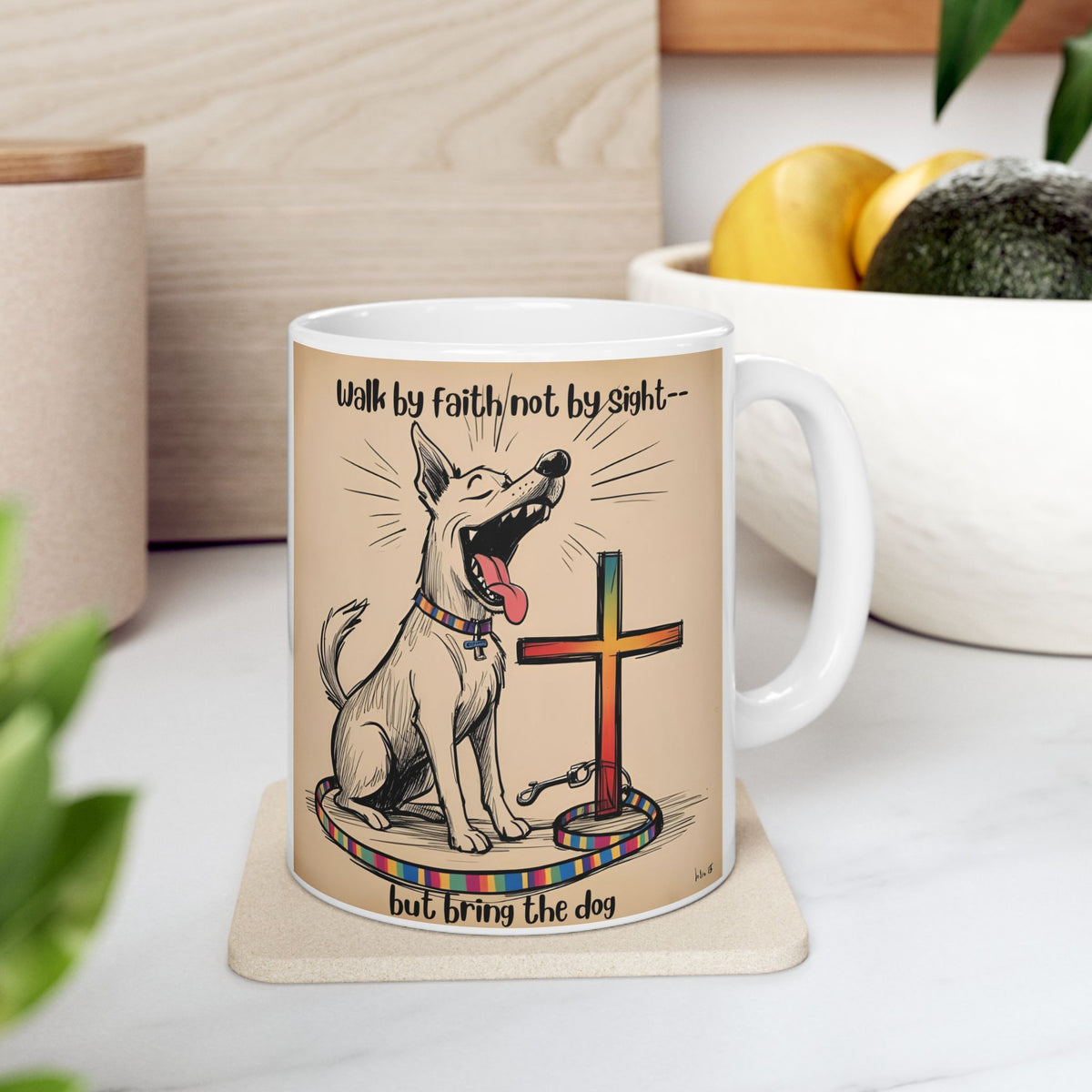"Walk by Faith, Not by Sight – But Bring the Dog" Funny Christian Dog Mug | Cute Barking Dog Design