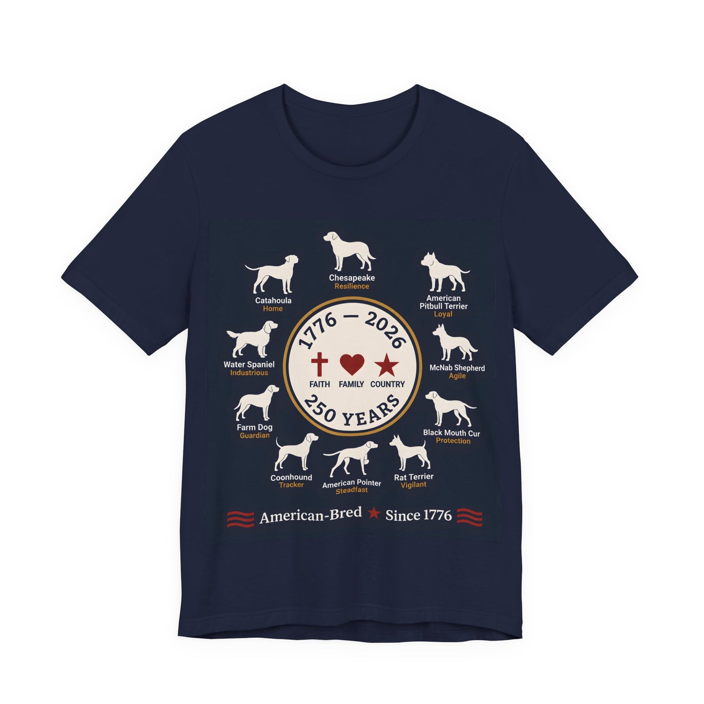 American-Bred Since 1776 Dog Breeds T-Shirt | USA 250th Anniversary Patriotic Tee