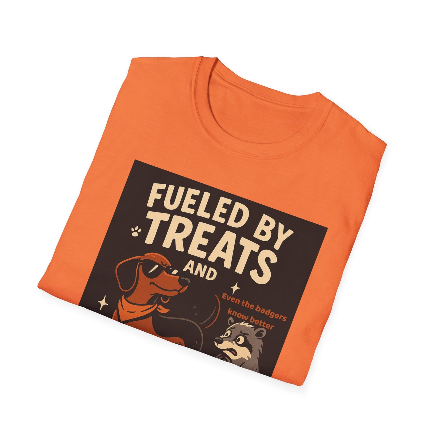 Funny Dachshund T-Shirt – "Fueled by Treats and Unchecked Confidence" with Badger Design
