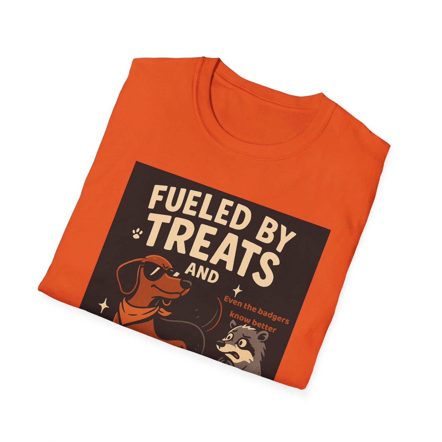 Funny Dachshund T-Shirt – "Fueled by Treats and Unchecked Confidence" with Badger Design