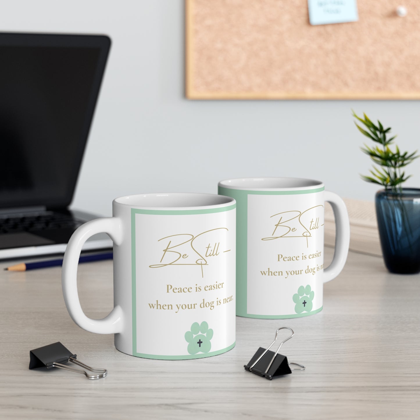Be Still Mug – “Peace is Easier When Your Dog Is Near” – Christian Dog Lover Mug with Sage Green Paw Accent – Front & Back Design – Inspirational Scripture Gift