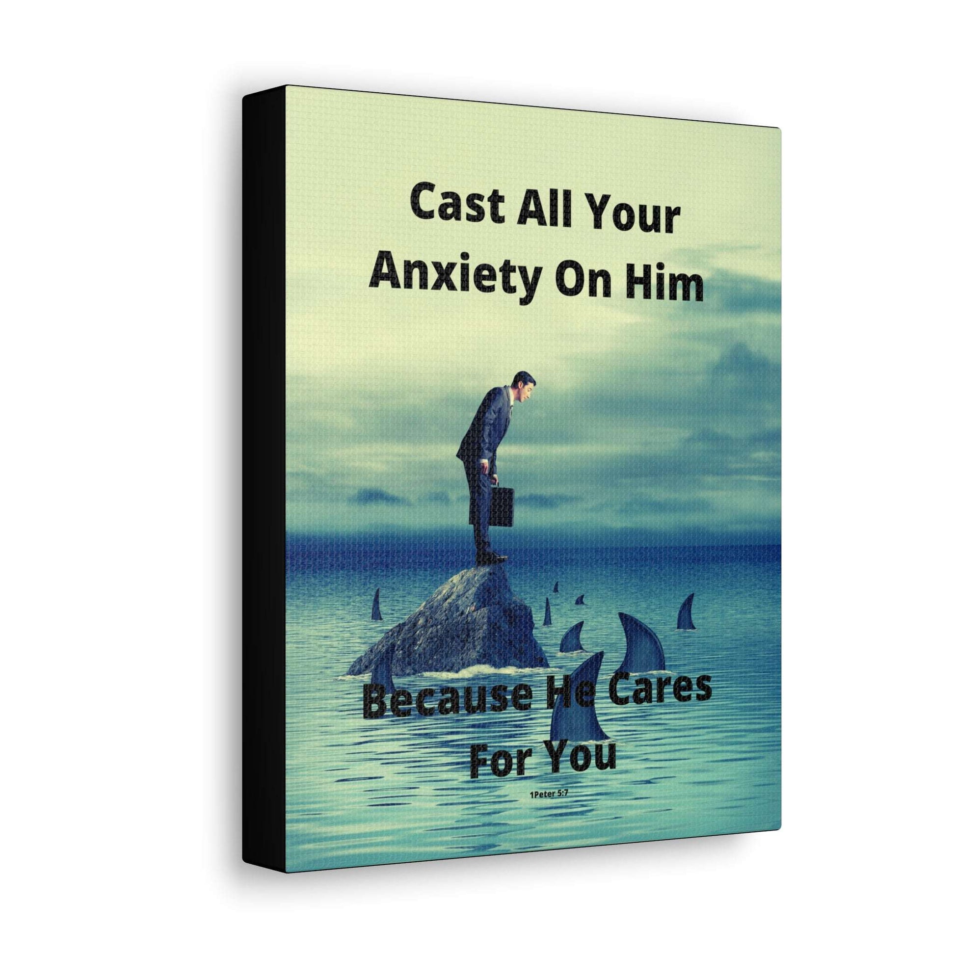 Man on Rock in Ocean with Sharks With Warm Tones - Inspirational Art Canvas Featuring Bible Verse for Anxiety Relief